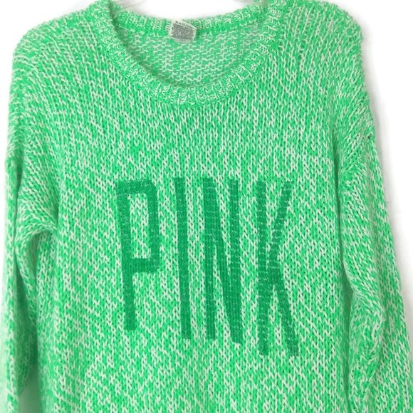VS PINK Marled Green Spellout Crewneck Sweater - Picture 2 of 5